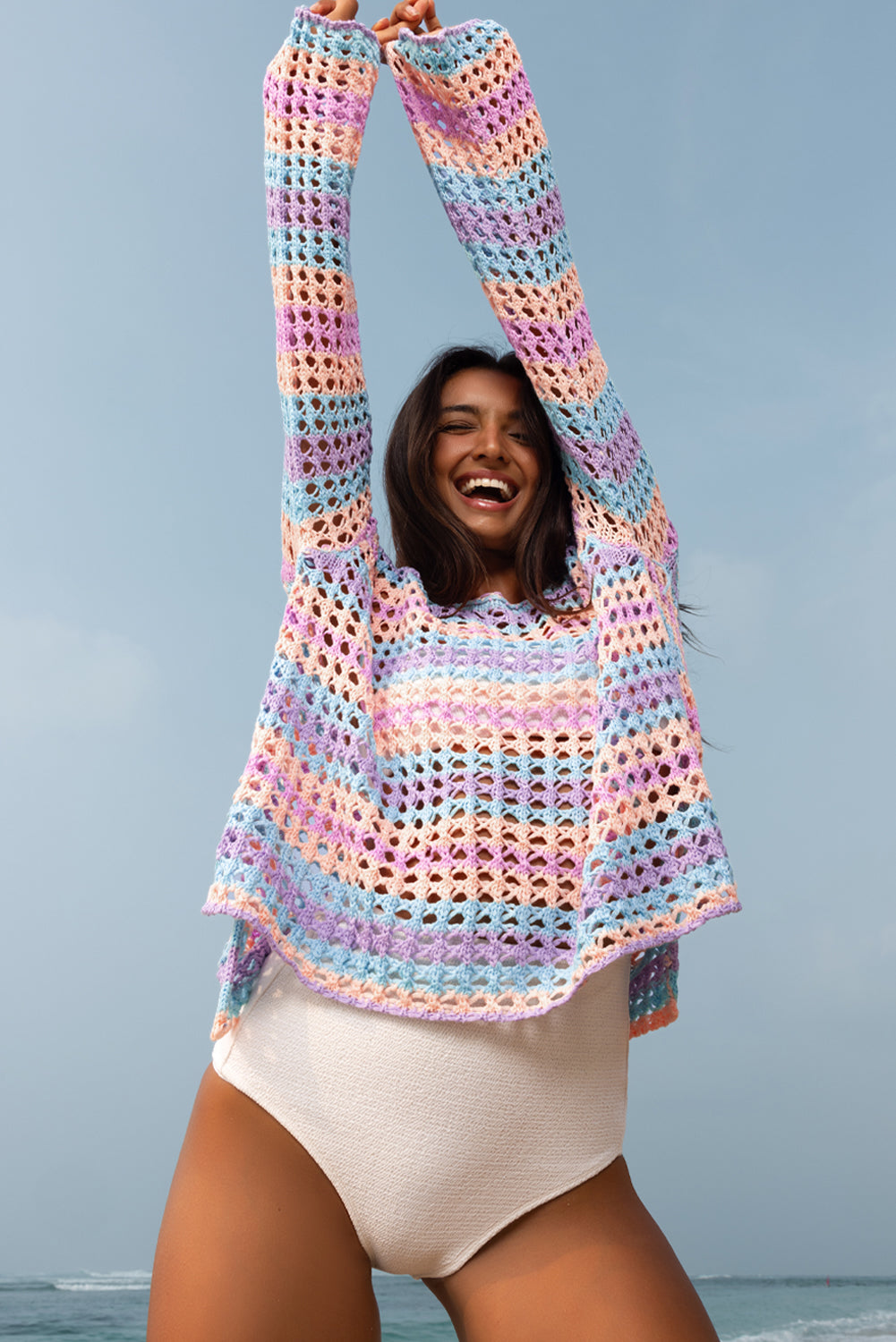 Multi Stripe Open Knit Sweater Beach Cover Up - KaleaBoutique.com