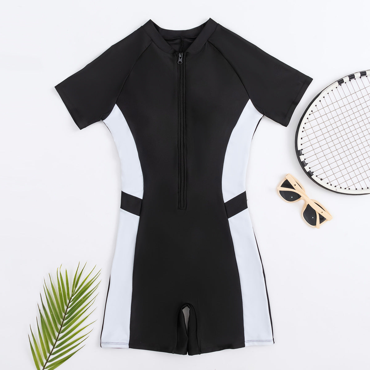 Women's Black Short-Sleeve One-Piece Swimsuit by Kalea Boutique - KaleaBoutique.com