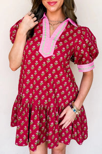 Floral Print Contrasted V Neck Short Bubble Sleeve Mini Dress - KaleaBoutique.com