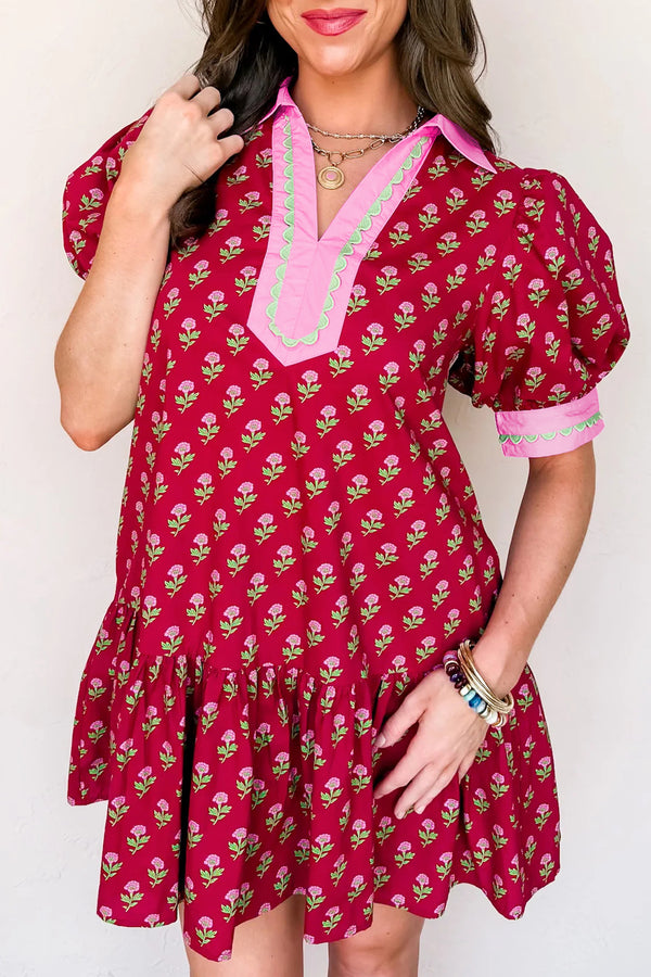 KaleaBoutique Floral Print Contrasted V Neck Short Bubble Sleeve Mini Dress - KaleaBoutique.com