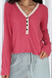 Ribbed Texture Contrasted Lace Trim Button V Neck Long Sleeve Top - KaleaBoutique.com