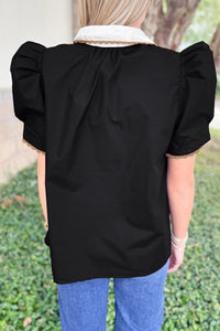 KaleaBoutique Stylish Ricrac Trim Color Block Patchwork Shirt Collar Short Sleeve Blouse - KaleaBoutique.com