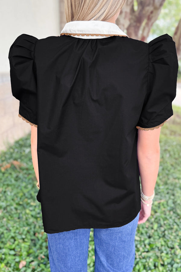 KaleaBoutique Stylish Ricrac Trim Color Block Patchwork Shirt Collar Short Sleeve Blouse - KaleaBoutique.com