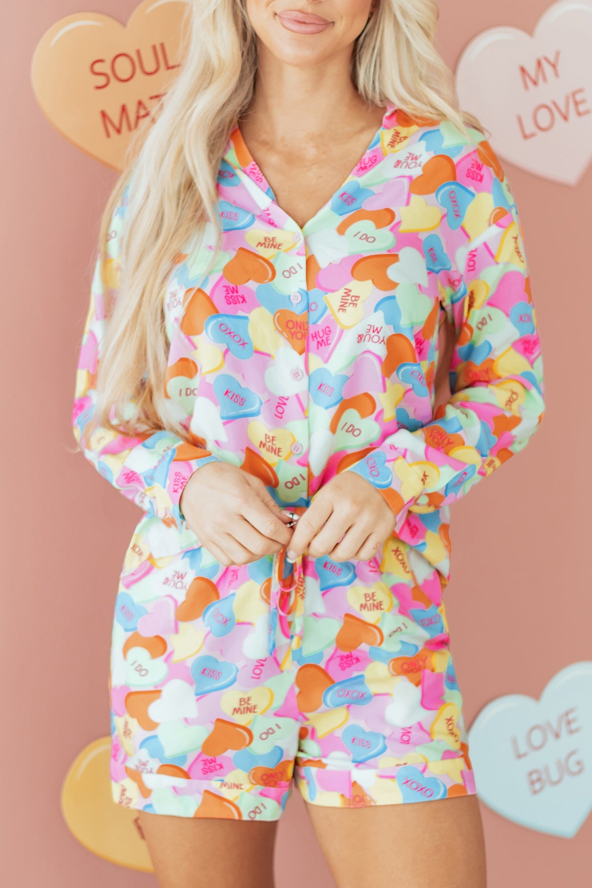 KaleaBoutique Comfortable Valentines Candy Heart V Neck Collared Tunic Shirt and Shorts 2pcs Pajama Set - KaleaBoutique.com