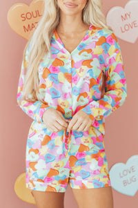 KaleaBoutique Comfortable Valentines Candy Heart V Neck Collared Tunic Shirt and Shorts 2pcs Pajama Set - KaleaBoutique.com