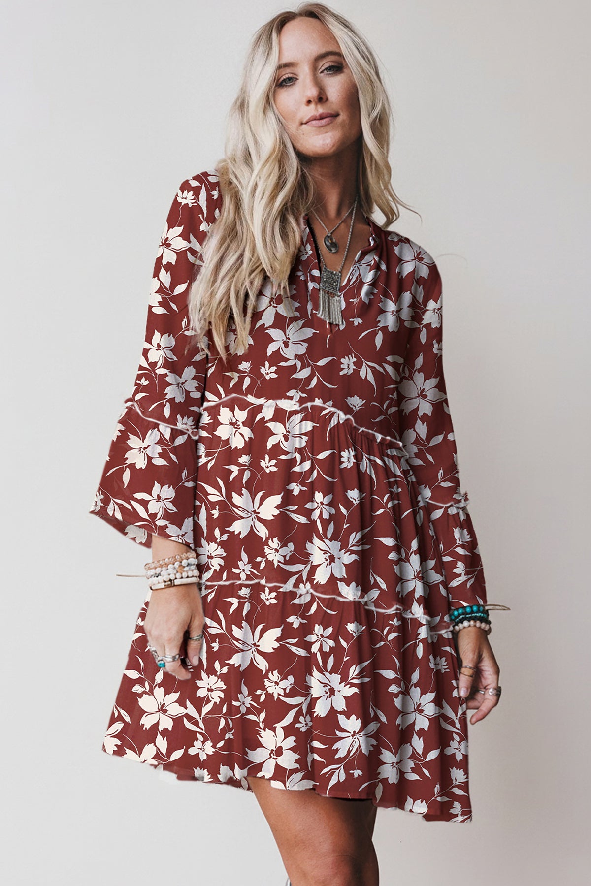 Boho Floral Print Lettuce Trim 3/4 Sleeve Mini Dress - KaleaBoutique.com