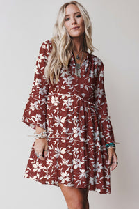 Boho Floral Print Lettuce Trim 3/4 Sleeve Mini Dress - KaleaBoutique.com