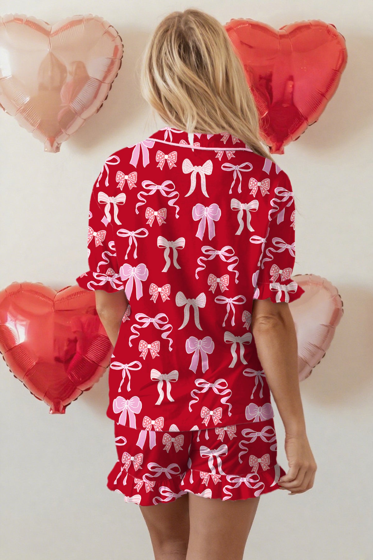 KaleaBoutique Stylish Sweet Bow Print Ruffled Short Sleeve Shirt Shorts 2pcs Pajama Set - KaleaBoutique.com