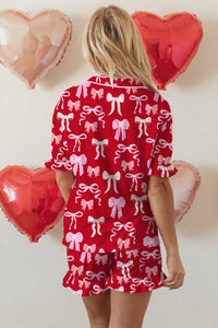 KaleaBoutique Stylish Sweet Bow Print Ruffled Short Sleeve Shirt Shorts 2pcs Pajama Set - KaleaBoutique.com
