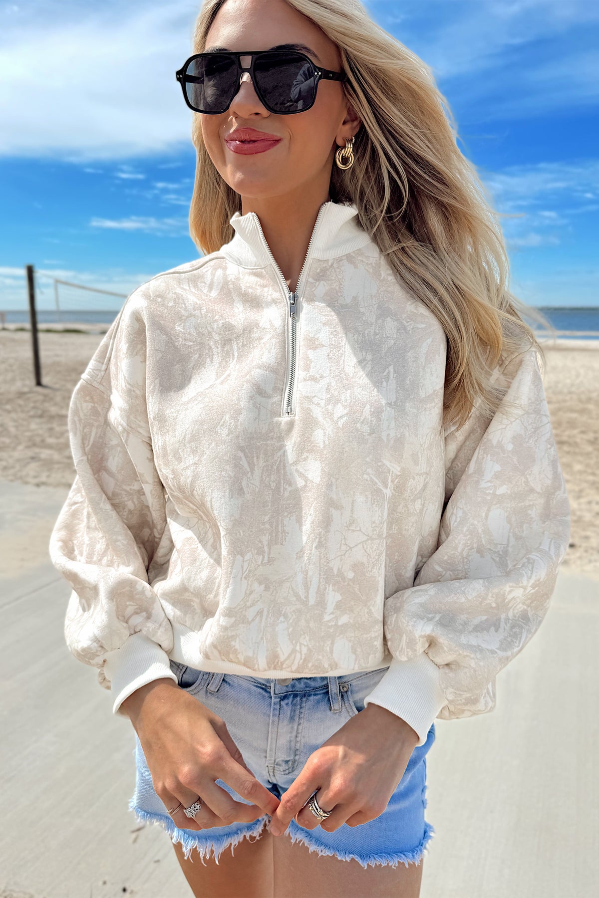 Camouflage Print Quarter-Zip Drop Shoulder Long Sleeve Sweatshirt - KaleaBoutique.com