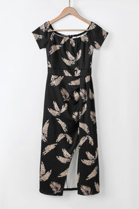KaleaBoutique Stylish Black Pattern Print Off Shoulder Slit Bodycon Midi Dress - KaleaBoutique.com