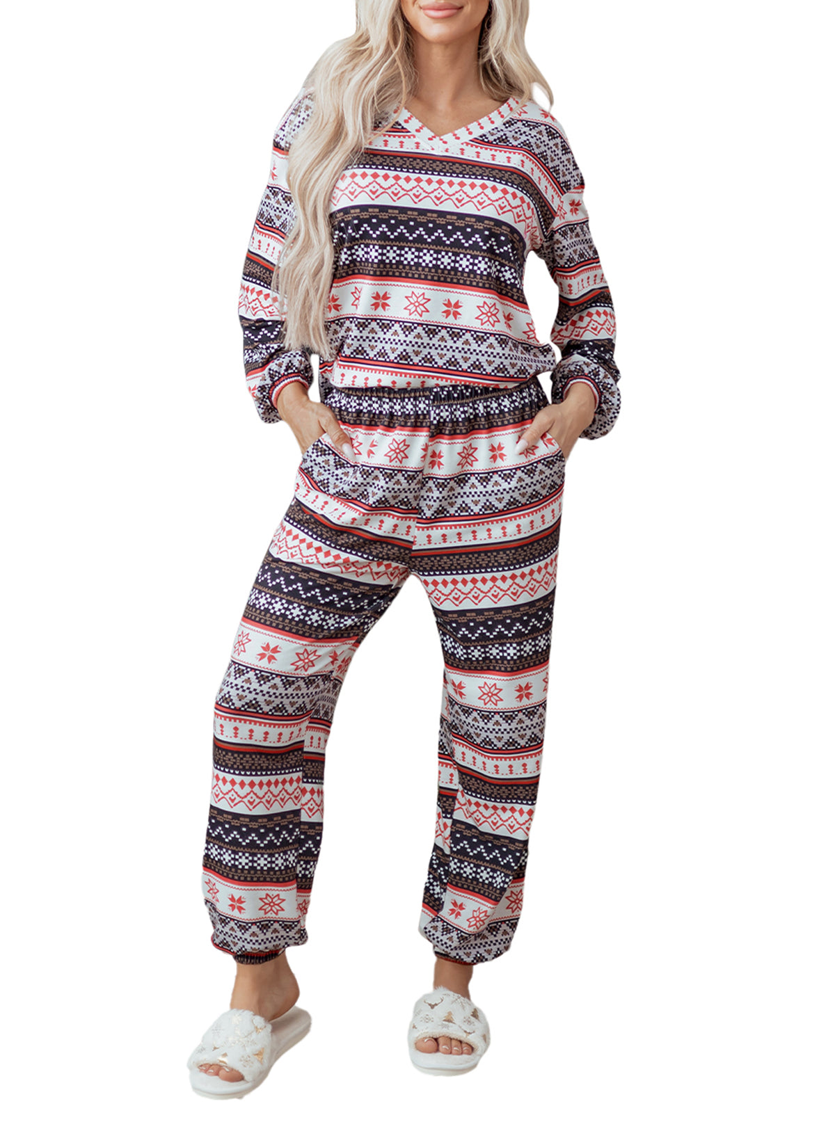 KaleaBoutique Comfortable Retro Christmas Pattern Loose Pullover 2pcs Lounge Pant Set