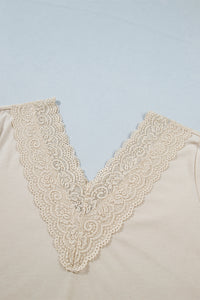 KaleaBoutique Chic Lace Trim V Neck Long Sleeve Patchwork Pullover Top - KaleaBoutique.com