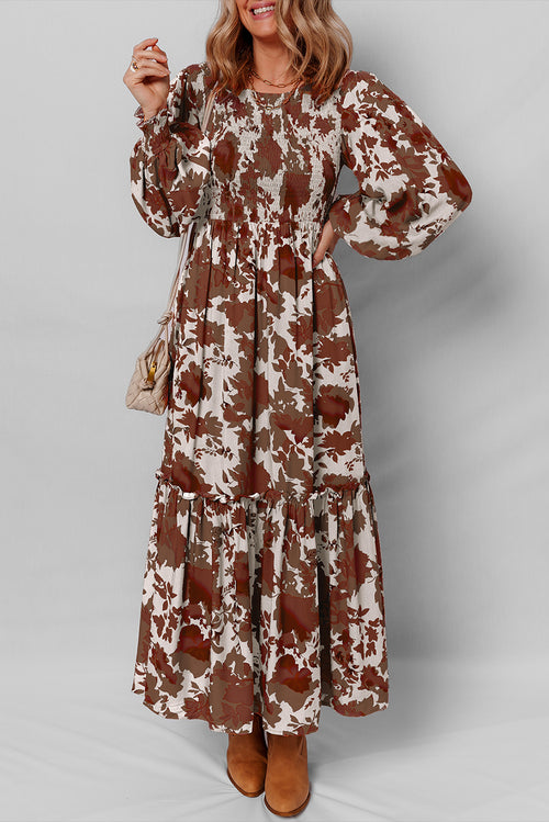 KaleaBoutique Comfortable Floral Puff Sleeve Smocked Bodice Ruffled Long Dress - KaleaBoutique.com