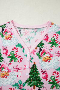 KaleaBoutique Comfortable Christmas Pattern Button V Neck Pullover Drawstring Pants 2pcs Lounge Set - KaleaBoutique.com
