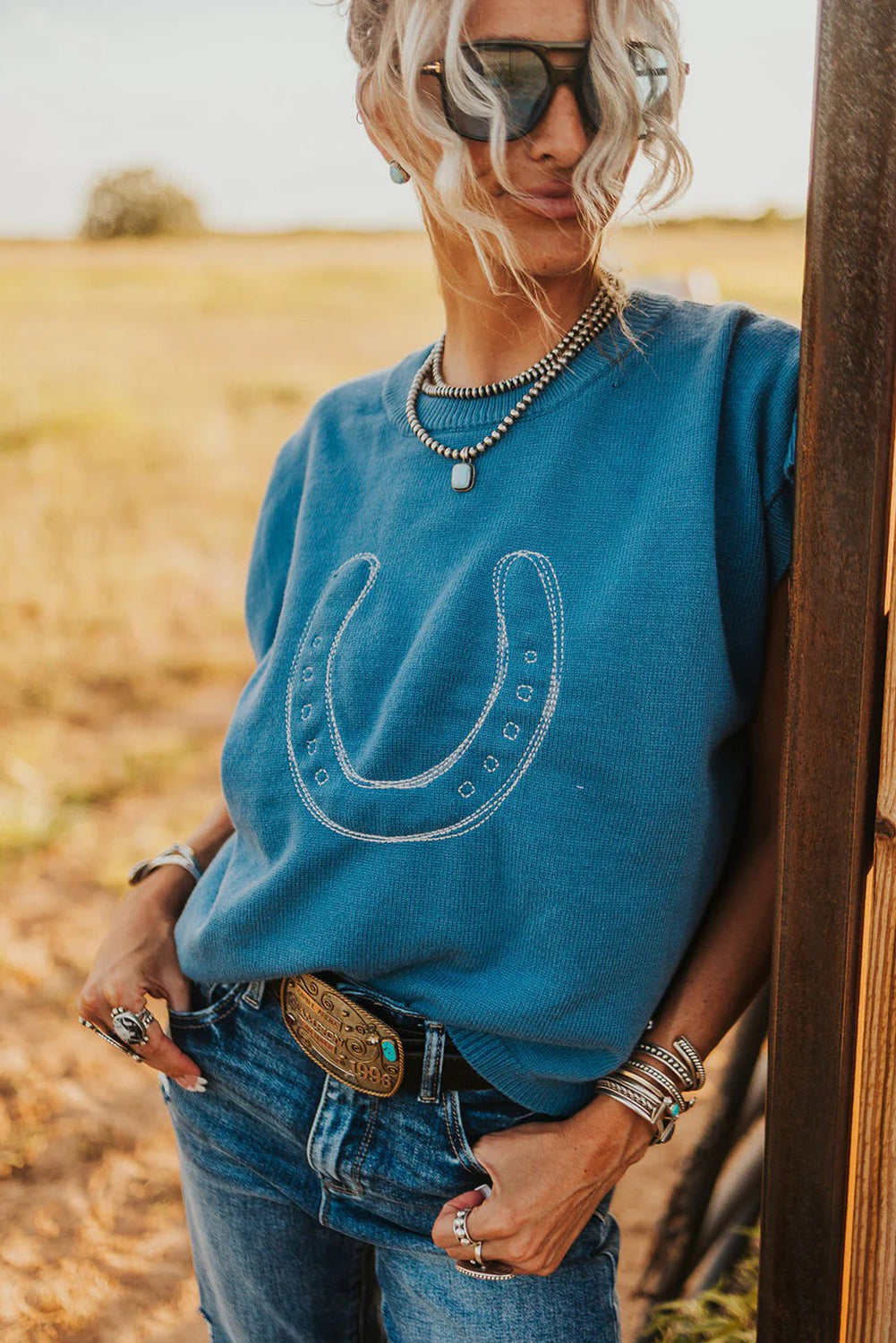 KaleaBoutique Comfortable Horse Shoe Embroidered Loose Short Sleeve Sweater - KaleaBoutique.com
