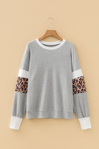 Leopard Print Colorblock Patchwork Ribbed Knit Top - KaleaBoutique.com