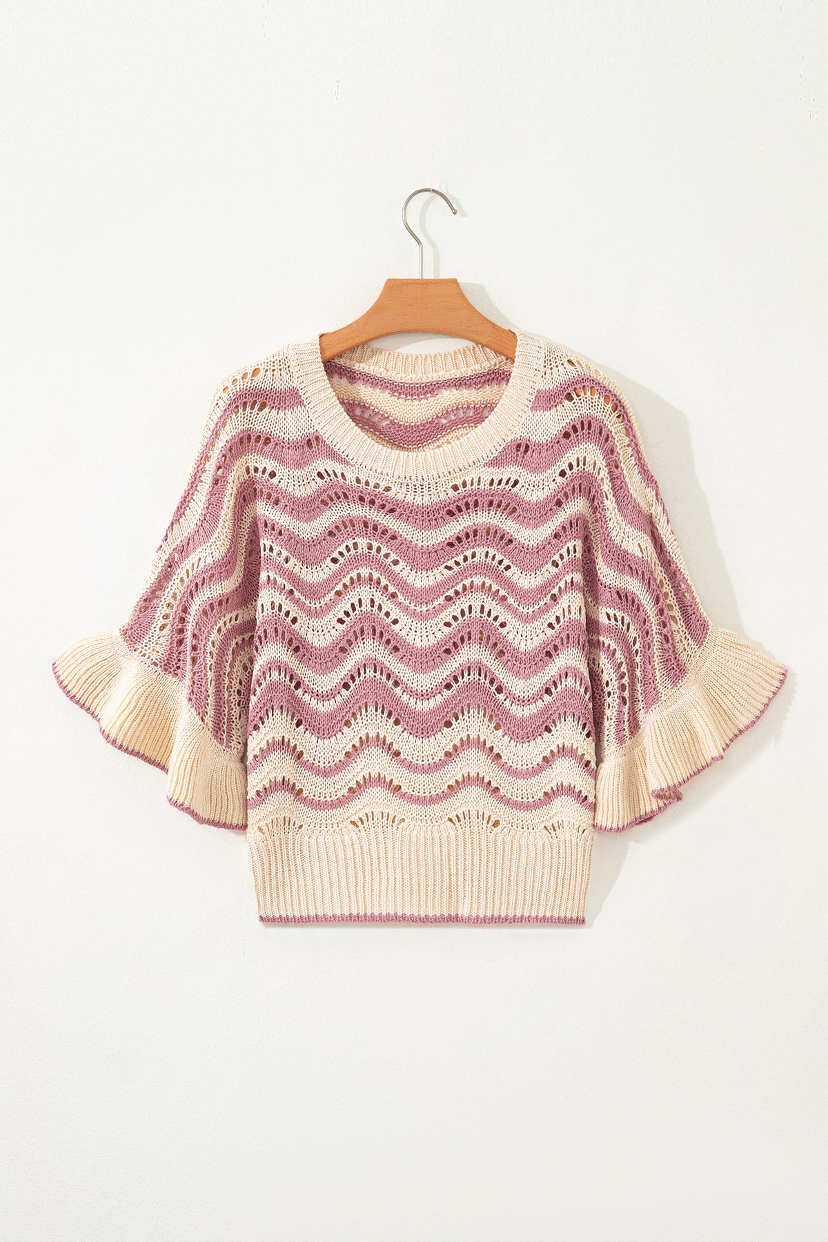 KaleaBoutique Comfortable Wavy Crochet Eyelet Detail Ruffle Half Sleeve Sweater - KaleaBoutique.com