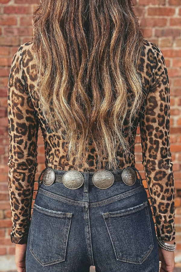 KaleaBoutique Stylish Leopard Print Slim Fit Mesh Long Sleeve Mock Neck Top - KaleaBoutique.com