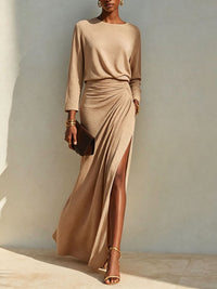 Women's Long-Sleeve Ruched Side-Slit Maxi Dress - KaleaBoutique.com