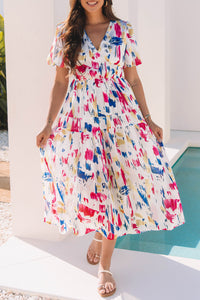 KaleaBoutique Stylish Abstract Print Short Puff Sleeve Tiered Maxi Dress - KaleaBoutique.com