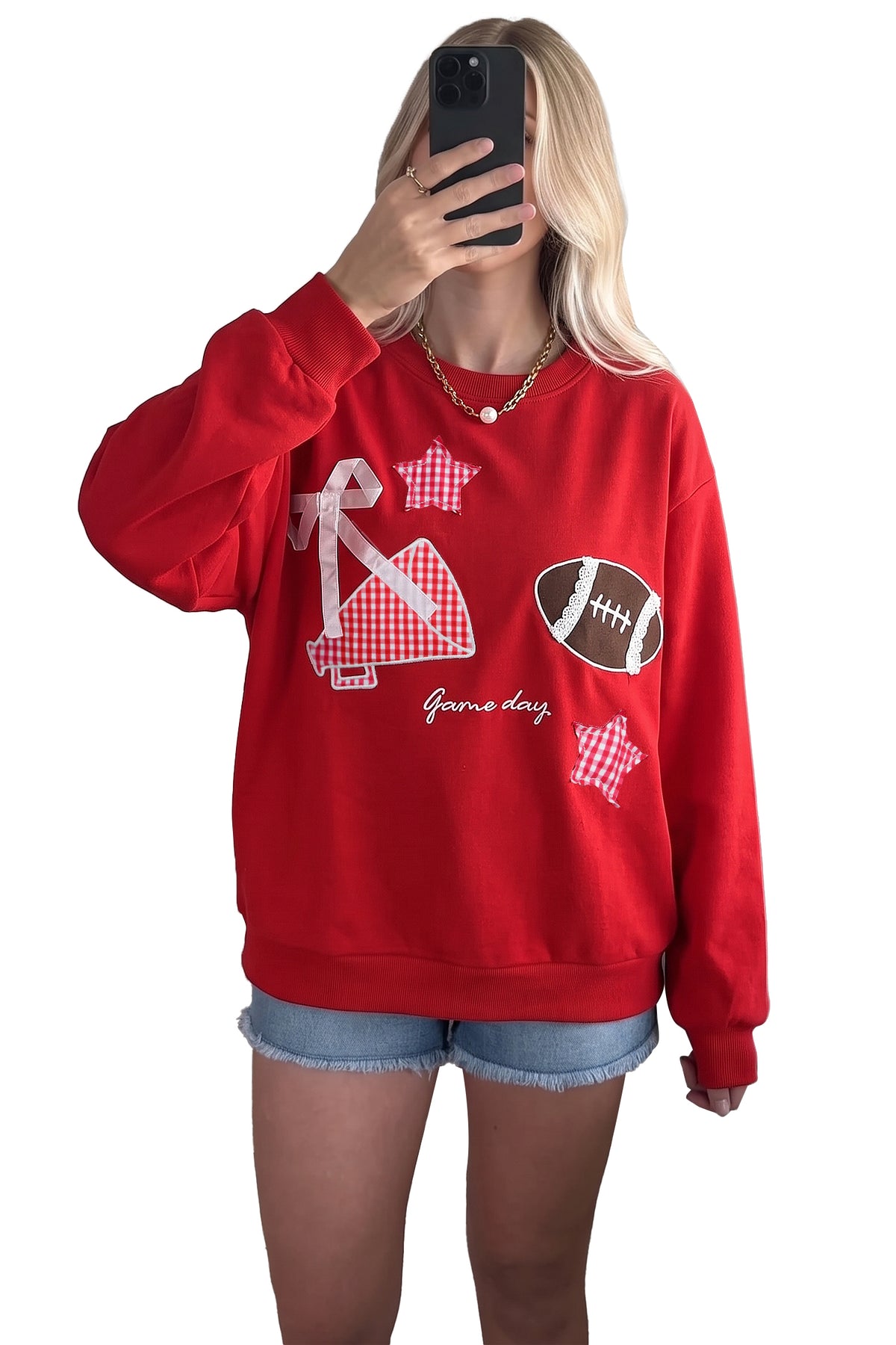 KaleaBoutique Stylish Gingham Patch Embroidered Rugby Game Day Stars Sweatshirt - KaleaBoutique.com