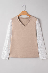 KaleaBoutique Stylish V Neck Contrast Lace Patchwork Long Sleeve Top - KaleaBoutique.com