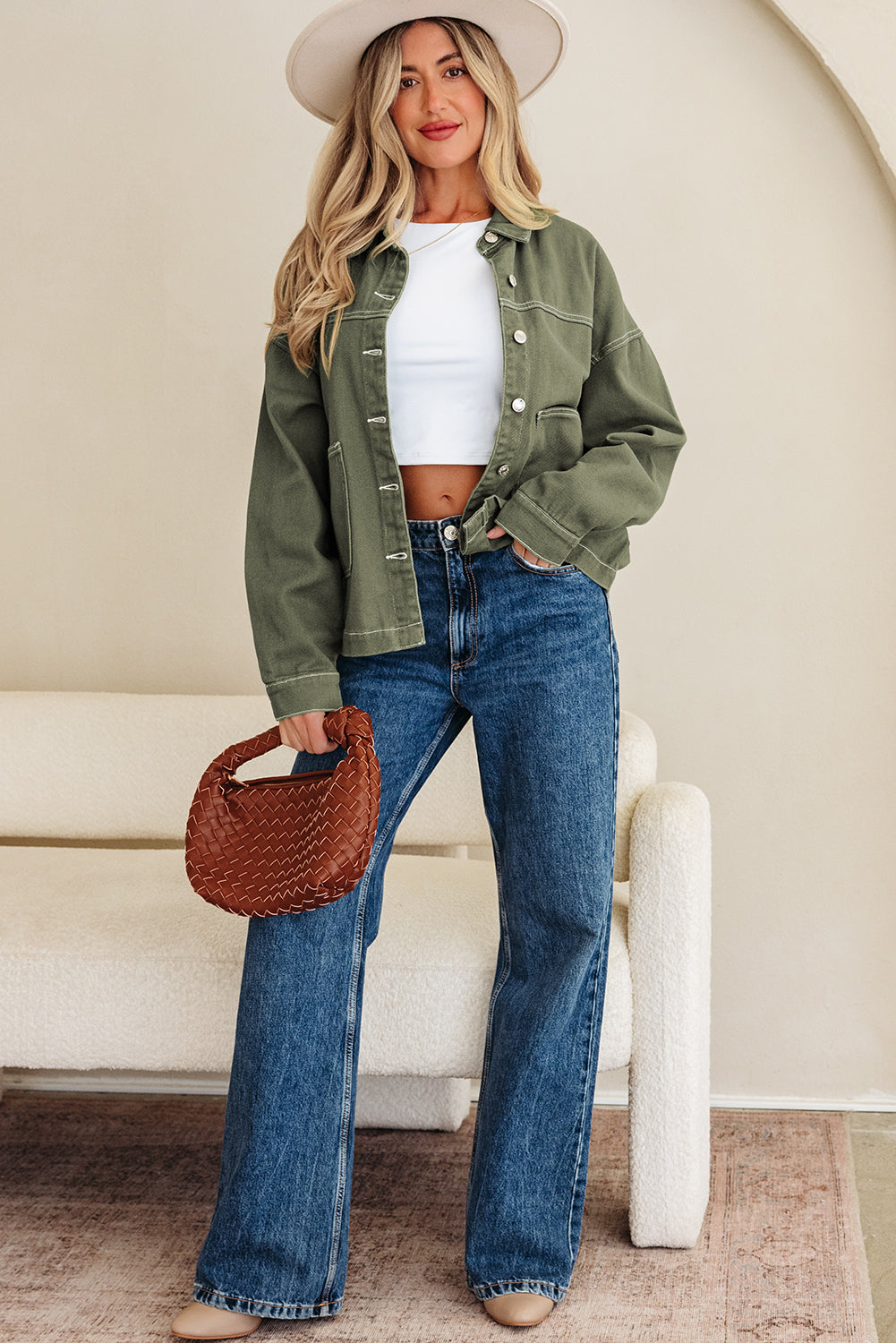 Patched Pocket Collared Button Front Boyfriend Denim Jacket - KaleaBoutique.com