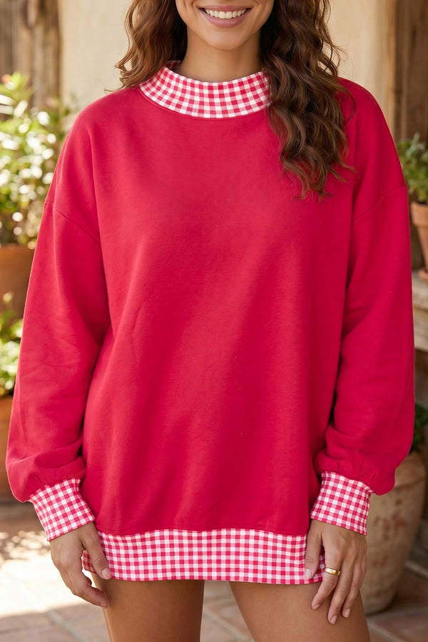 KaleaBoutique Comfortable Red Colorblock Plaid Contrast Trim Oversized Sweatshirt - KaleaBoutique.com
