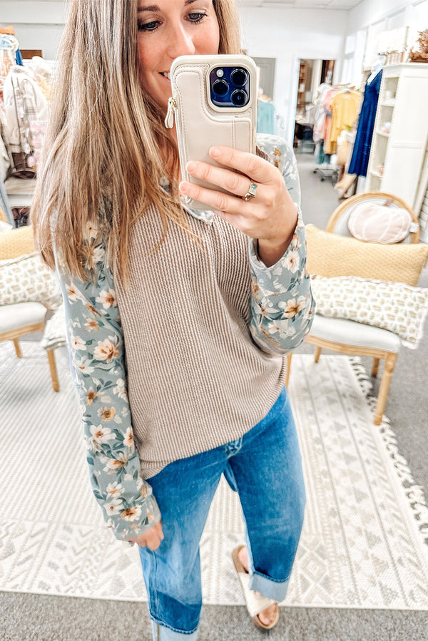 KaleaBoutique Stylish Ribbed Floral Contrast Patchwork Long Sleeve Top - KaleaBoutique.com
