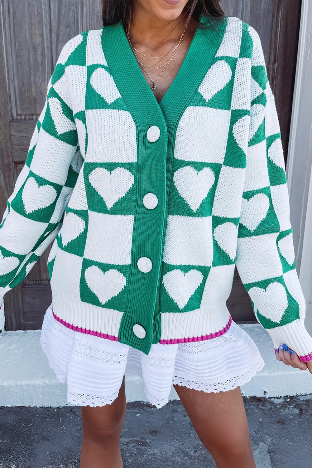 KaleaBoutique Comfortable Plaid Heart Knit V Neck Button Down Sweater Cardigan - KaleaBoutique.com