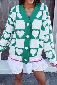 KaleaBoutique Comfortable Plaid Heart Knit V Neck Button Down Sweater Cardigan - KaleaBoutique.com