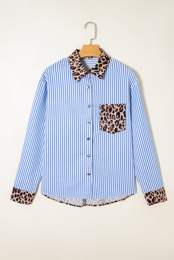 KaleaBoutique Stylish Striped Leopard Print Patchwork Button Up Womens Shirt - KaleaBoutique.com