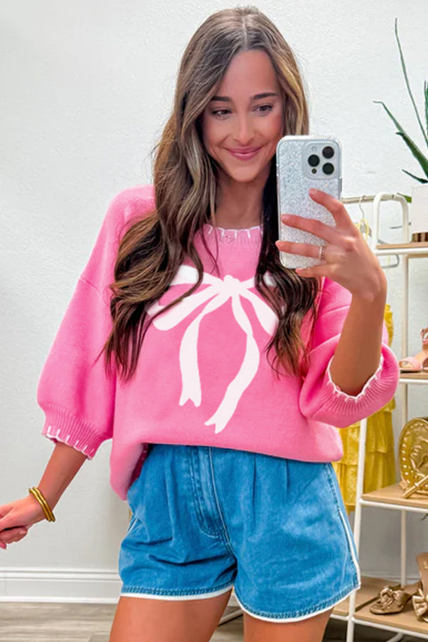 KaleaBoutique Stylish Big Ribbon Bow Print Contrast Stitch Trim Drop Shoulder Sweater - KaleaBoutique.com