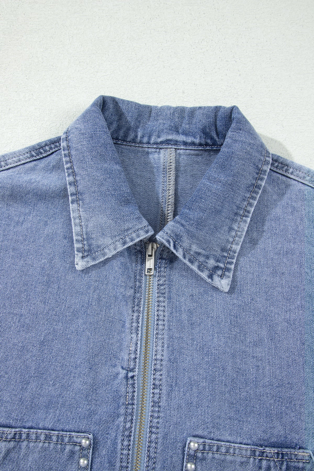 KaleaBoutique Stylish Studded Metal Zipper Rivet Pockets Long Sleeve Denim Jacket - KaleaBoutique.com