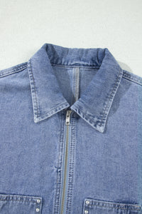 KaleaBoutique Stylish Studded Metal Zipper Rivet Pockets Long Sleeve Denim Jacket - KaleaBoutique.com
