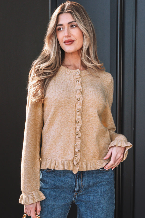 KaleaBoutique Comfortable Ruffle Trim Gold Button Sweater Cardigan - KaleaBoutique.com