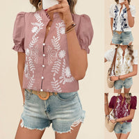 Women's Cotton Embroidered Cardigan Buckle Puff Short Sleeve - KaleaBoutique.com