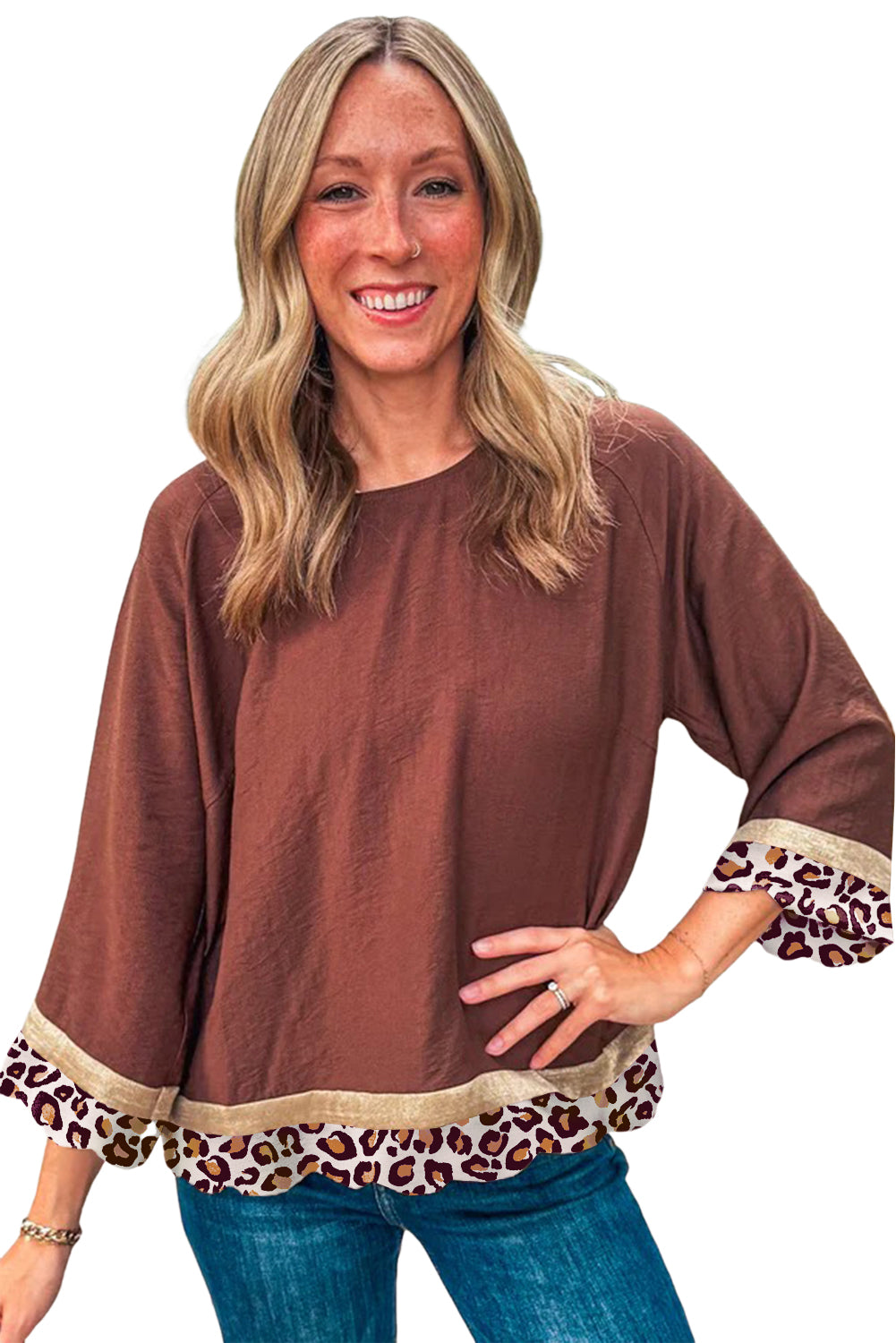 KaleaBoutique Stylish Leopard Detail Loose Bracelet Sleeve Top - KaleaBoutique.com