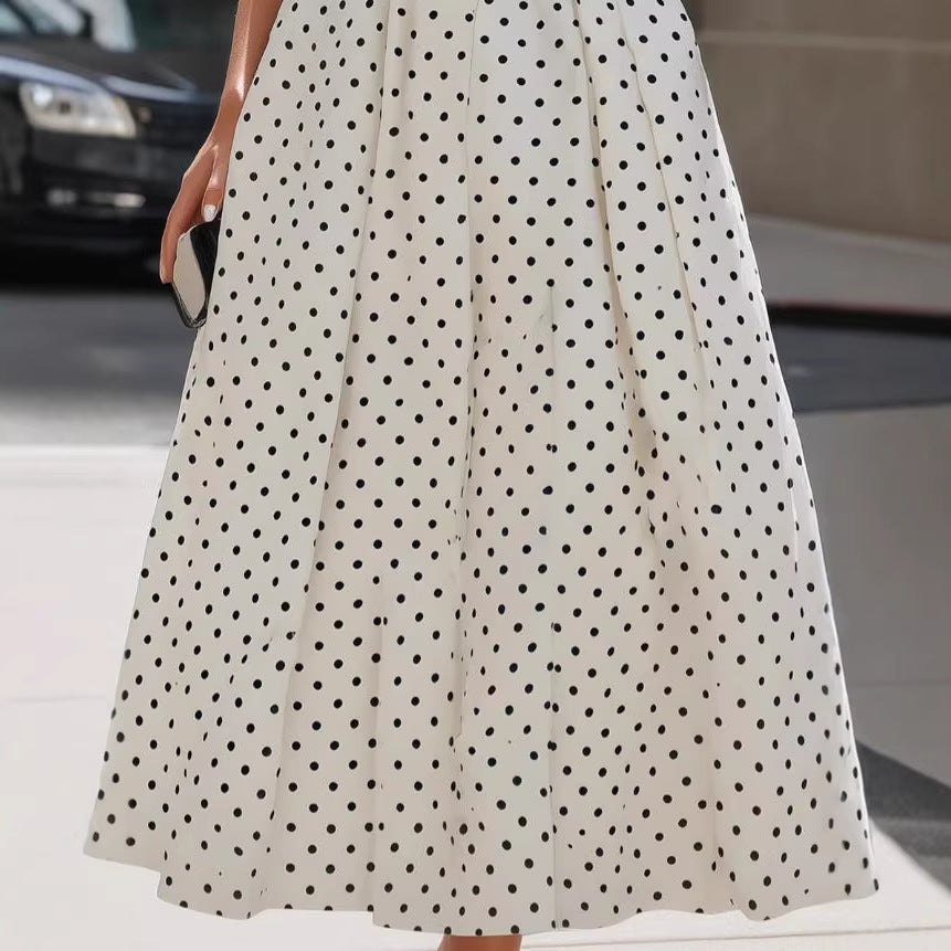 Women's White Polka-Dot High-Neck A-Line Maxi Dress - KaleaBoutique.com