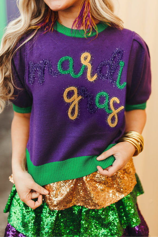 KaleaBoutique Comfortable Mardi Gras Tinsel Graphic Short Sleeve Sweater - KaleaBoutique.com
