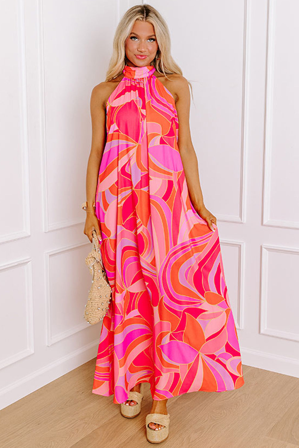 KaleaBoutique Stylish Abstract Printed High Neck Knotted Nape Sleeveless Maxi Dress - KaleaBoutique.com