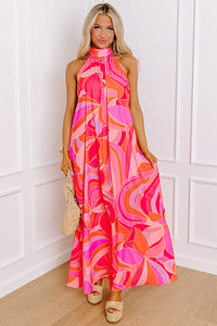 KaleaBoutique Stylish Abstract Printed High Neck Knotted Nape Sleeveless Maxi Dress - KaleaBoutique.com