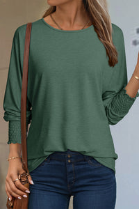 Green Shirred Cuffs Solid Long Sleeve T Shirt - KaleaBoutique.com