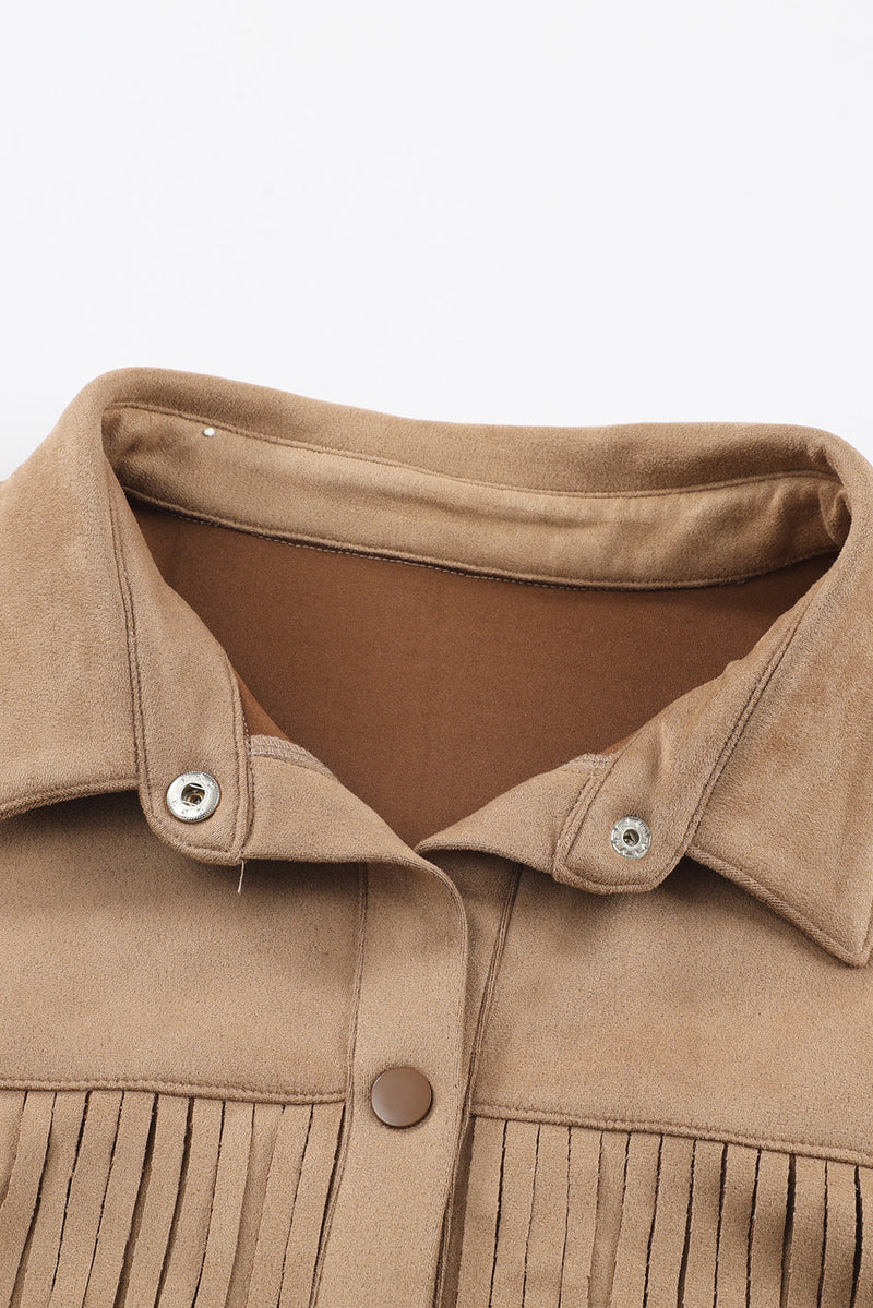 KaleaBoutique Fringe Trim Plus Size Suede Shacket - KaleaBoutique.com