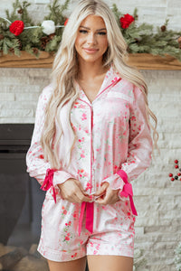 KaleaBoutique Comfortable Mixed Floral Print Contrast Piping Trim Satin Tie 2pcs Pajama Set - KaleaBoutique.com