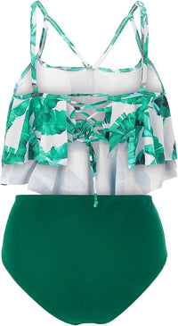 Women's Tropical Leaf Flounce Top and High-Waist Briefs 2 PC Bikini Set - KaleaBoutique.com