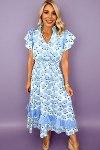 KaleaBoutique Comfortable Hydrangea Floral Print Ruffle Trim Flutter Sleeve Long Dress - KaleaBoutique.com