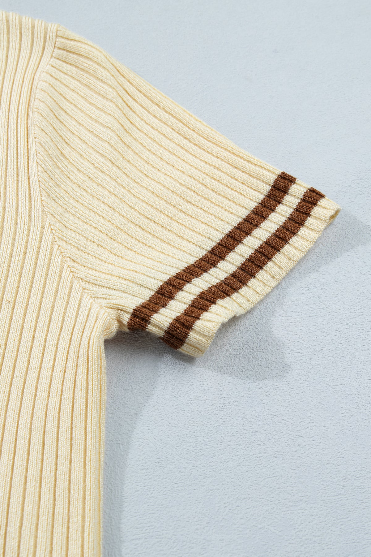KaleaBoutique Comfortable V Neck Ribbed Knit Striped Trim Short Sleeve Sweater - KaleaBoutique.com