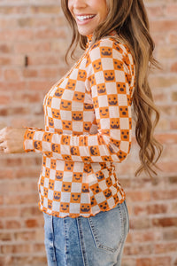 KaleaBoutique Comfortable Abstract Halloween Pattern Long Sleeve Stand Neck Shift Blouse - KaleaBoutique.com